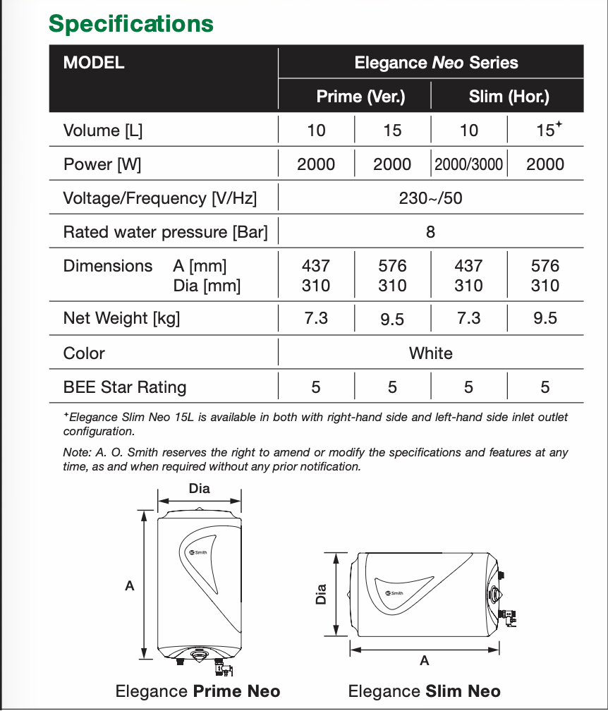 AO Smith Elegance Slim Neo Specification