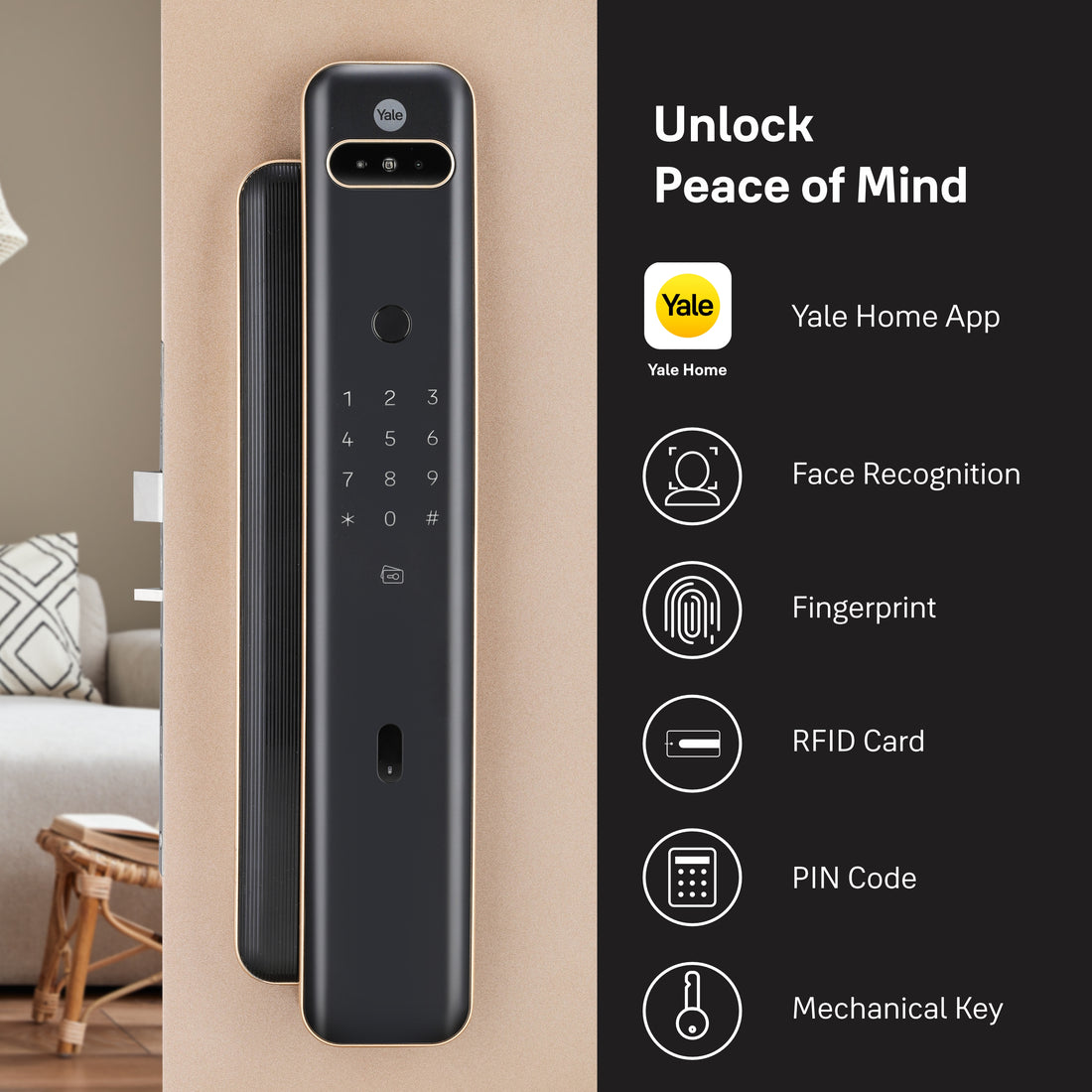 Yale Luna Pro+ Smart Lock With Face Scan Technology, Fingerprint, PIN, RFID and Manual Key Bluetooth Module and Wifi Bridge Included