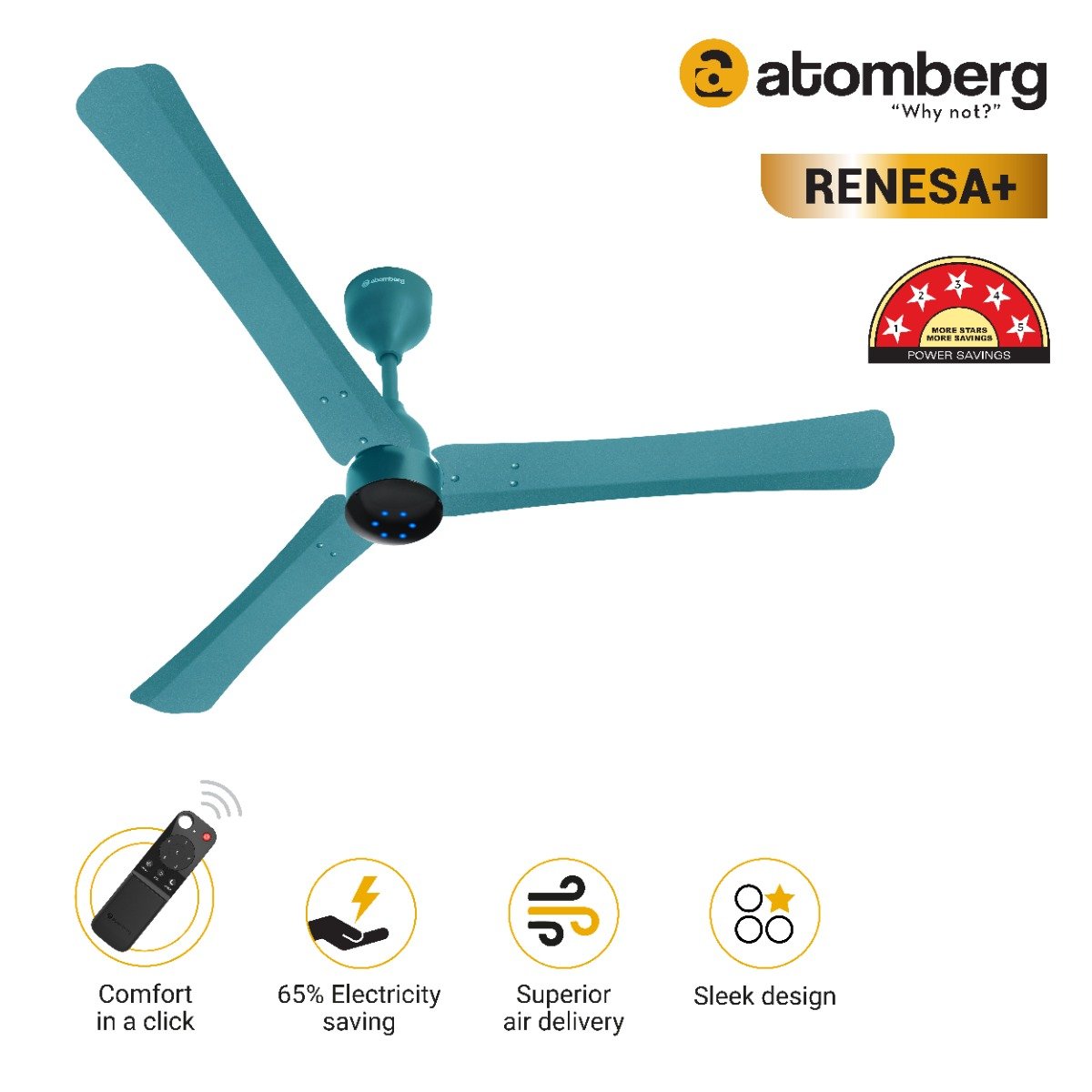 Atomberg Renesa+ 1200 mm BLDC Motor with Remote 3 Blade Ceiling Fan Aegan Blue