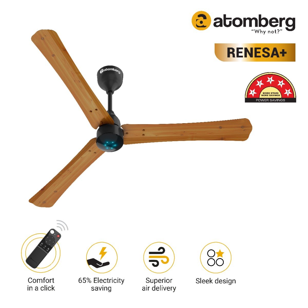 Atomberg Renesa+ 1200 mm BLDC Motor with Remote 3 Blade Ceiling Fan Gold Oakwood