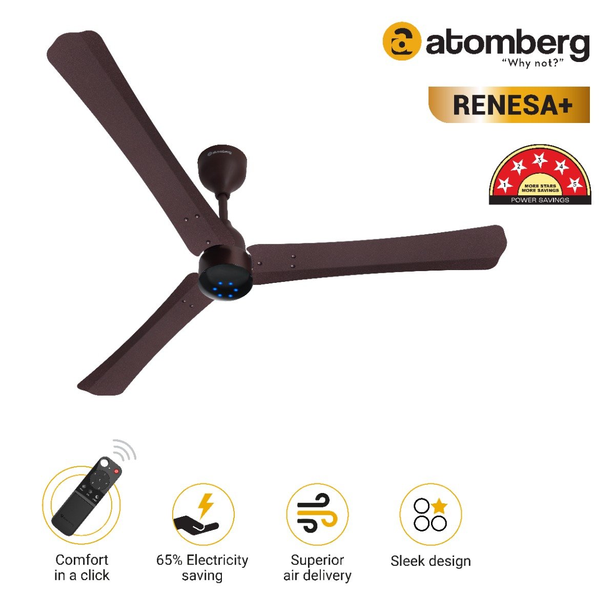 Atomberg Renesa+ 1200 mm BLDC Motor with Remote 3 Blade Ceiling Fan Umberbrown