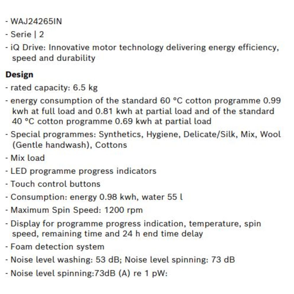 Bosch-6.5 Kg-Fully Automatic-Front Load-Washing Machine-Series 2 - WAJ24265IN -  Other feature1
