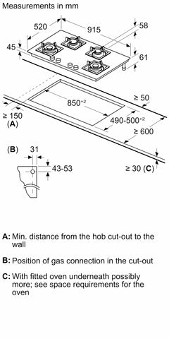 Bosch Built-in Gas Hob 4 Burner 90CM Series 4 PNF9B6G20I Tempered glass Black