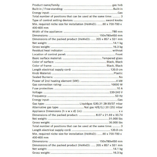 Bosch_Built-in_Series_4_Gas_Hob_70cm_Tempered_Glass_Black_PMD83D31NX-Specification