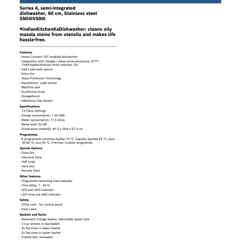 Bosch Built In Dishwasher 13 Place Settings - 60 Cm - SMI4IVS00I - Series 4