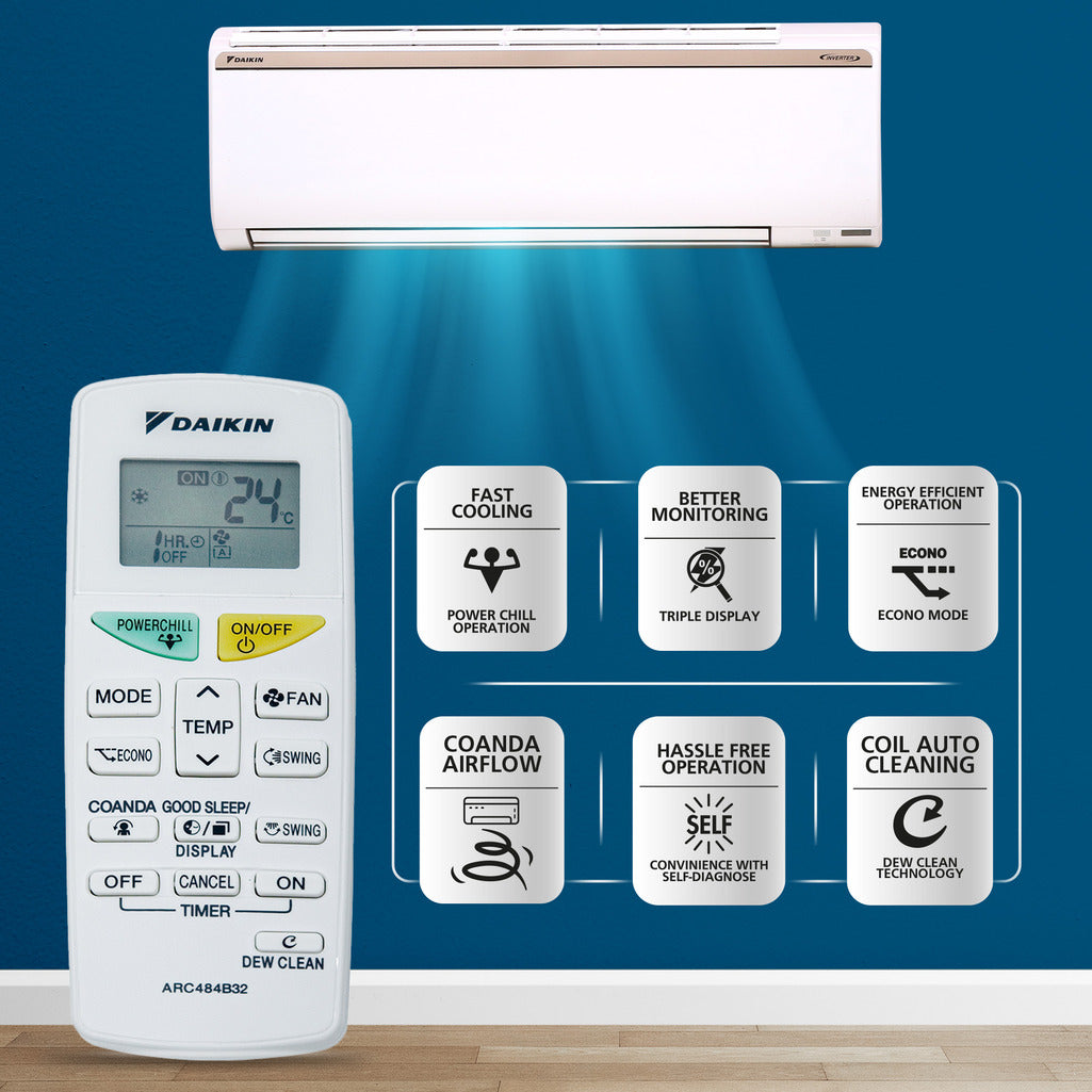 DaikinAC-1.0Ton-HotandColdInverter-3Star-SplitAC-FTHT35UV16WAndRHT35UV16W-CopperCondenser-Remote