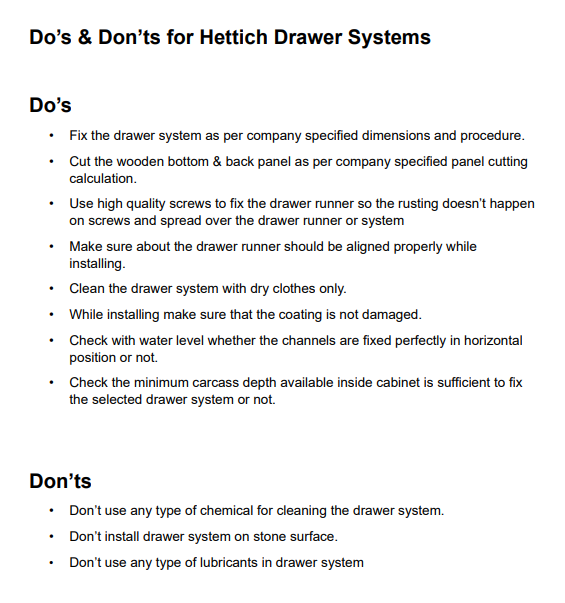 Hettich Drawer System Care Instructions