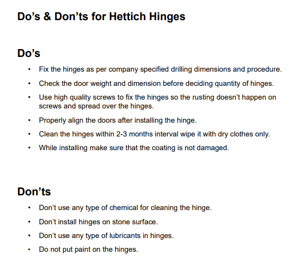 Hettich Hinges Care Instruction