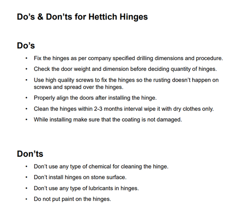 Hettich Hinges Care Instruction