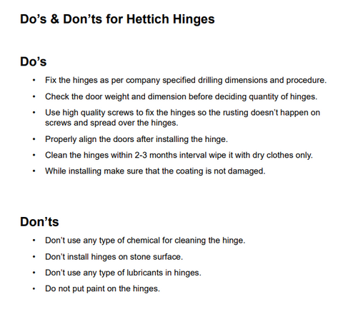 Hettich Hinges Care Instruction