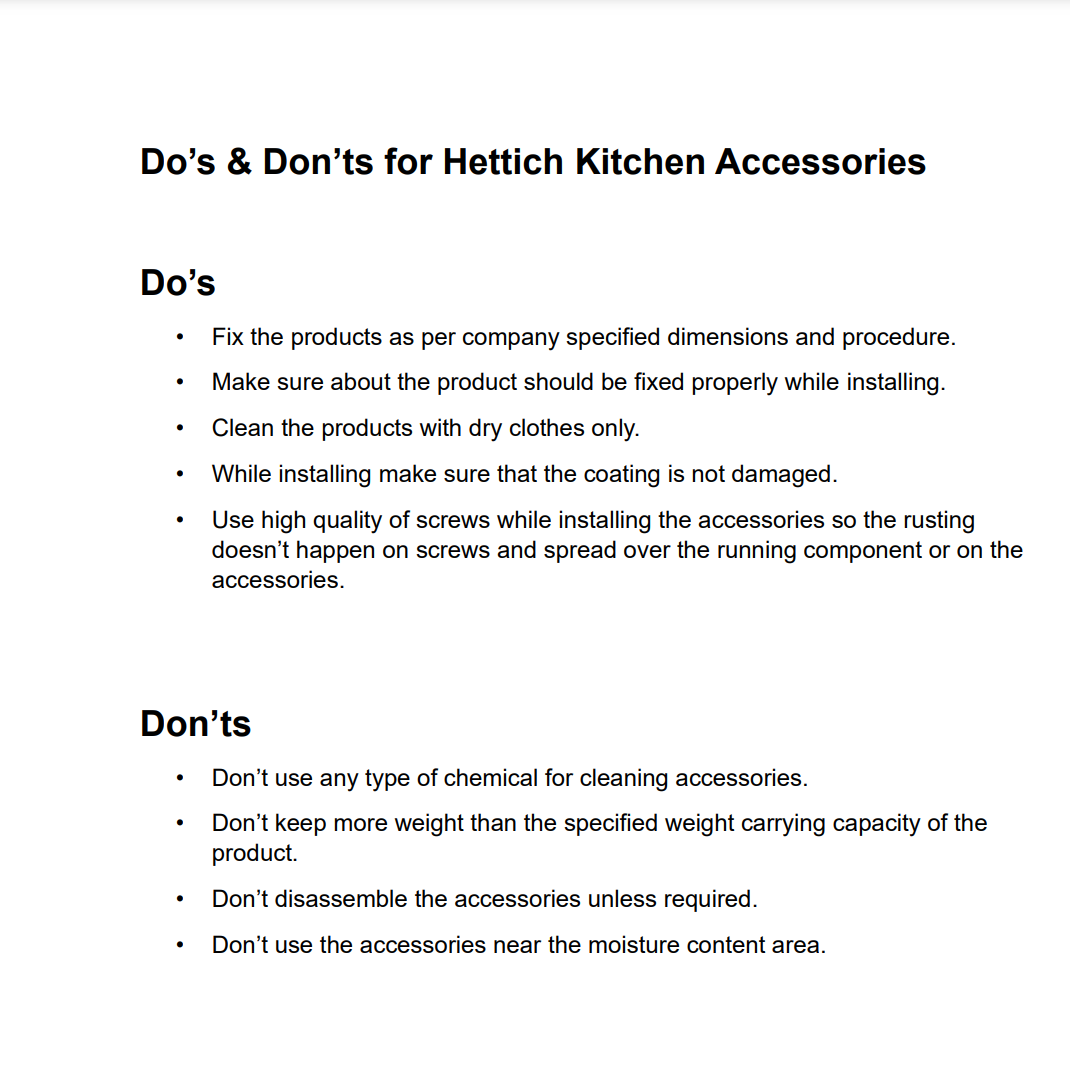 Hettich Kitchen Accessories Care Instructions