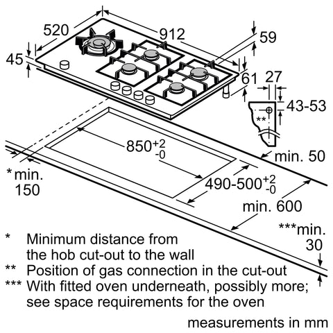 Siemens iQ700 Gas Hob - 90 cm Ceramic - ER9A6SD70I - Black - 5 Burner Technical Specification