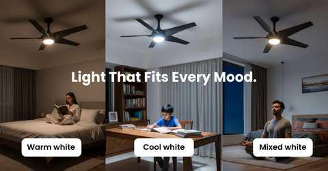 Three scenes showing a ceiling fan with different light temperatures in a home settings: Warm White, Cool White and Mixed White