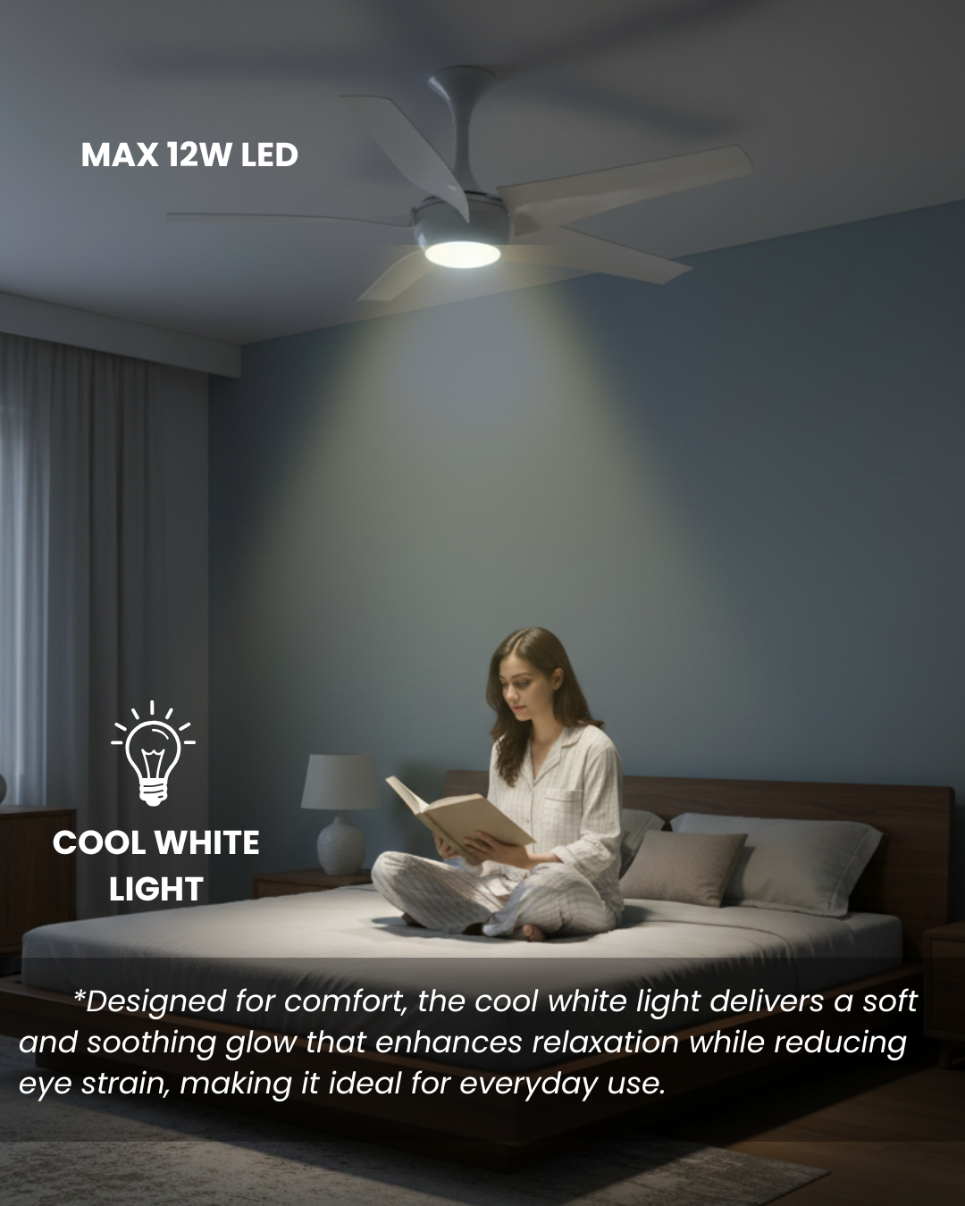 Person reading a book in a dimly lit room with a ceiling fan and LED light.