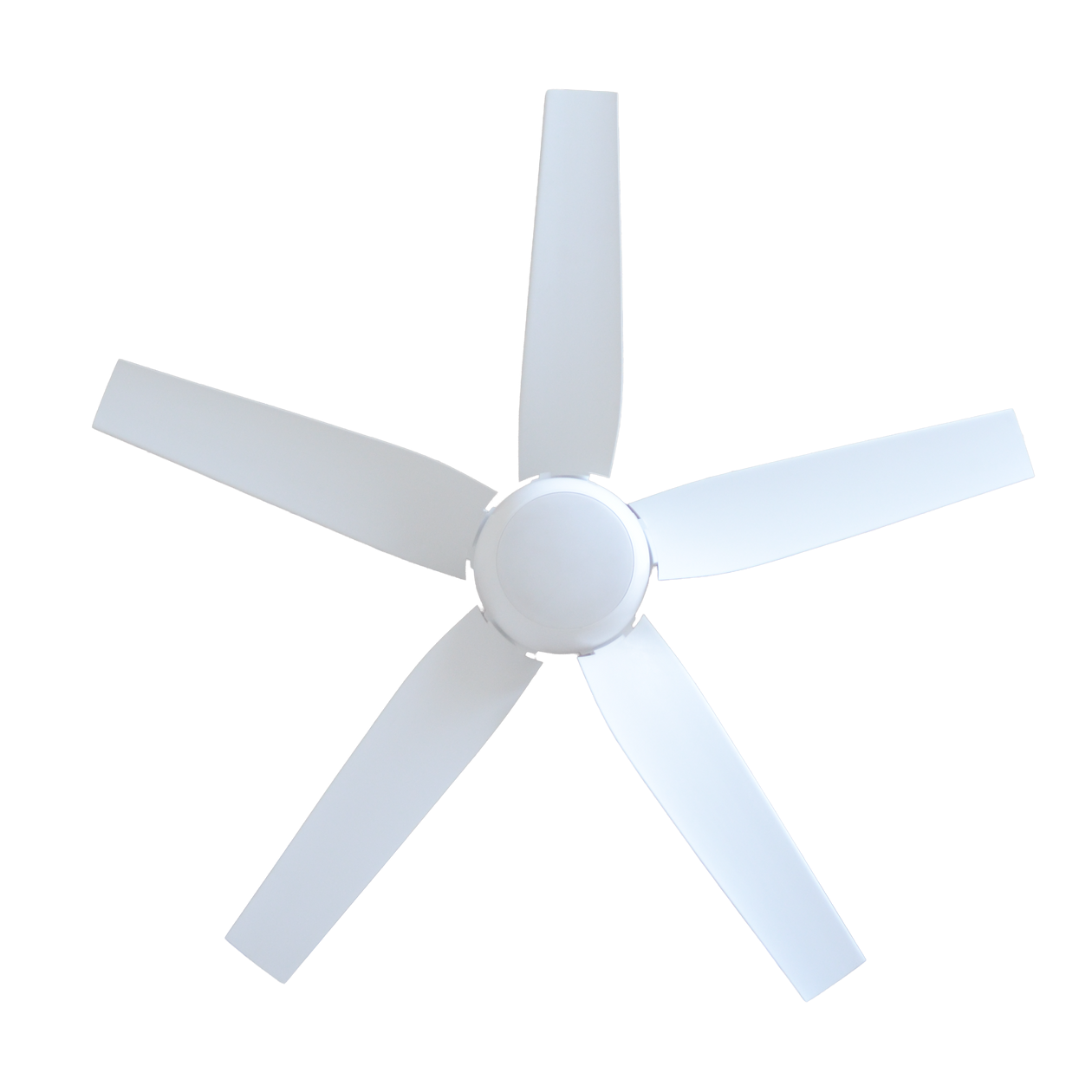 White ceiling fan with five blades on a white background
