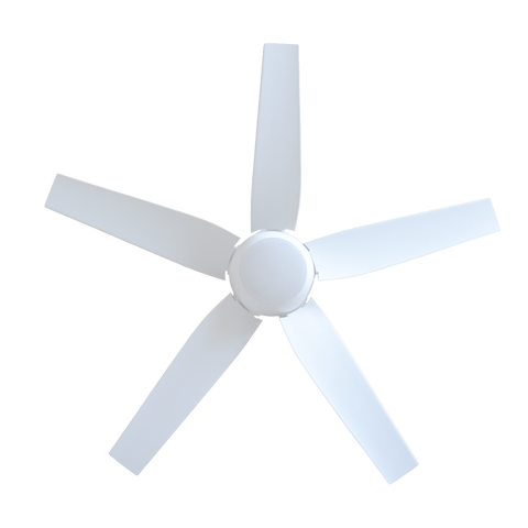 White ceiling fan with five blades on a white background