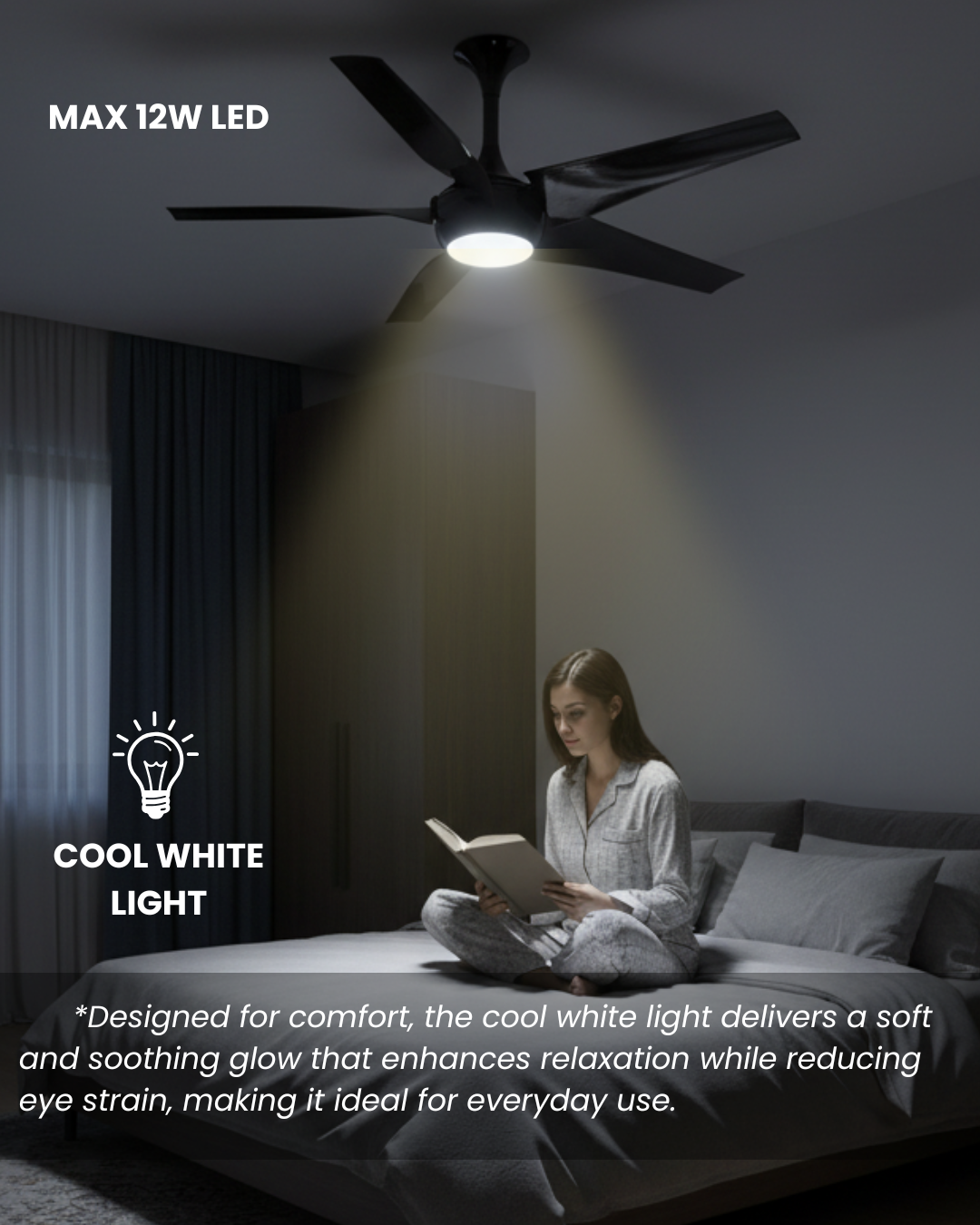 Person reading a book in a dimly lit room with a ceiling fan and LED light.