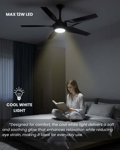 Person reading a book in a dimly lit room with a ceiling fan and LED light.
