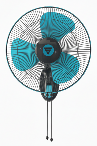 Superfan Super Visiree BLDC Wall-mounted fan with blue blades and black frame.