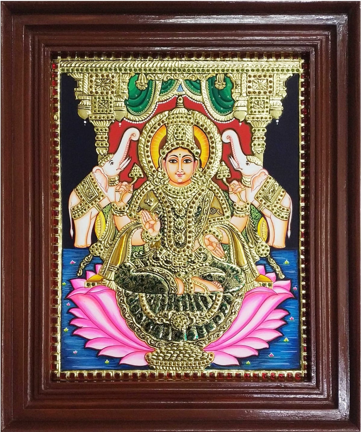 Gajalakshmi Wearing Golden Dress Tanjore Painting 15 x 12 inch