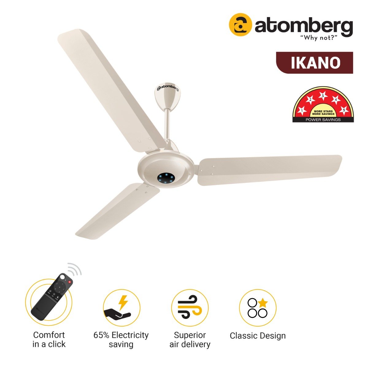 Atomberg Ikano 1200mm BLDC Motor with Remote 5 star Rated Energy Efficient Ceiling Fan