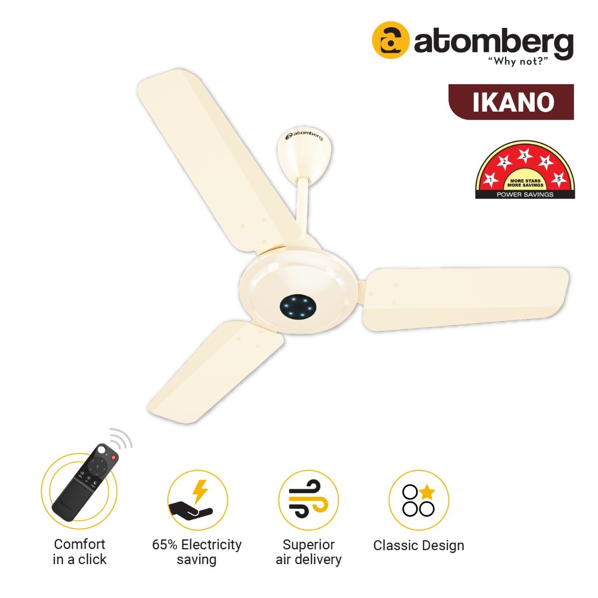 Atomberg Ikano 900mm BLDC Motor with Remote 3 Blade BEE 5 star Rated Energy Efficient Ceiling Fan